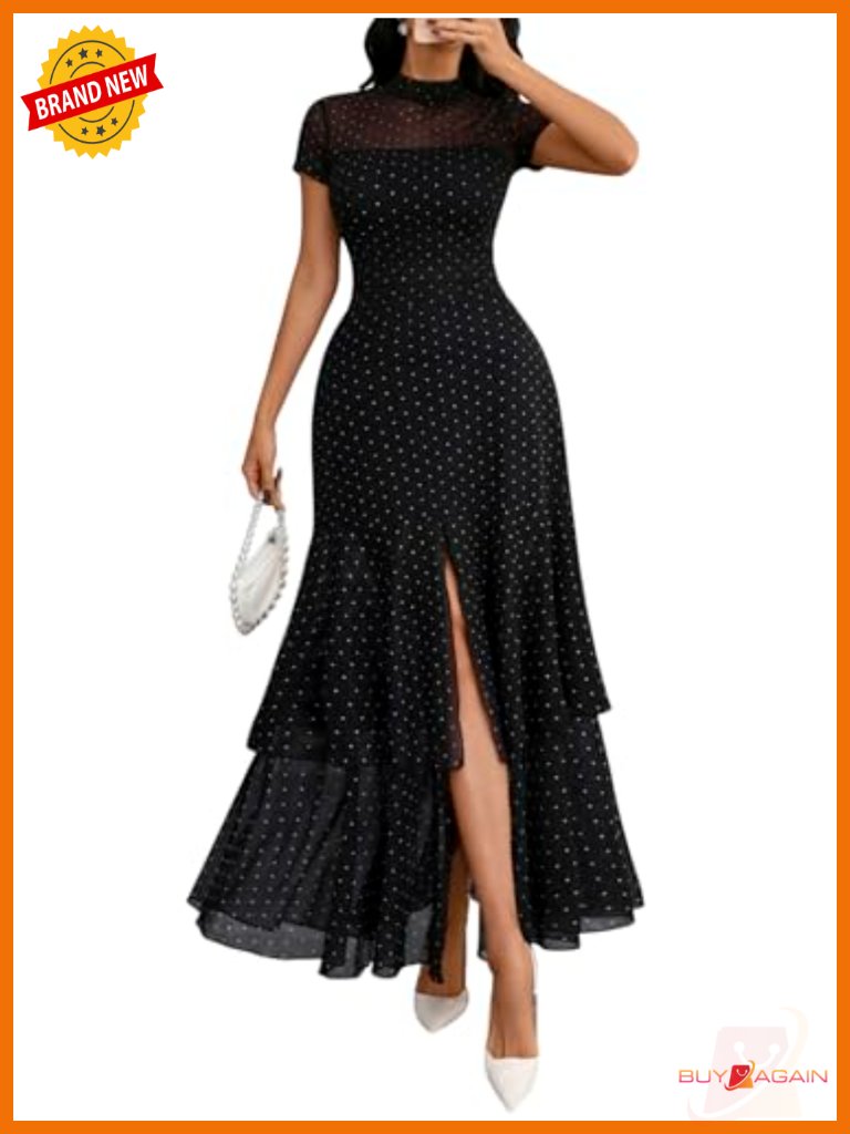 Women's Mesh Tiered Ruffle Dress A-Line Front Split Flowy Maxi Party Guest Dress